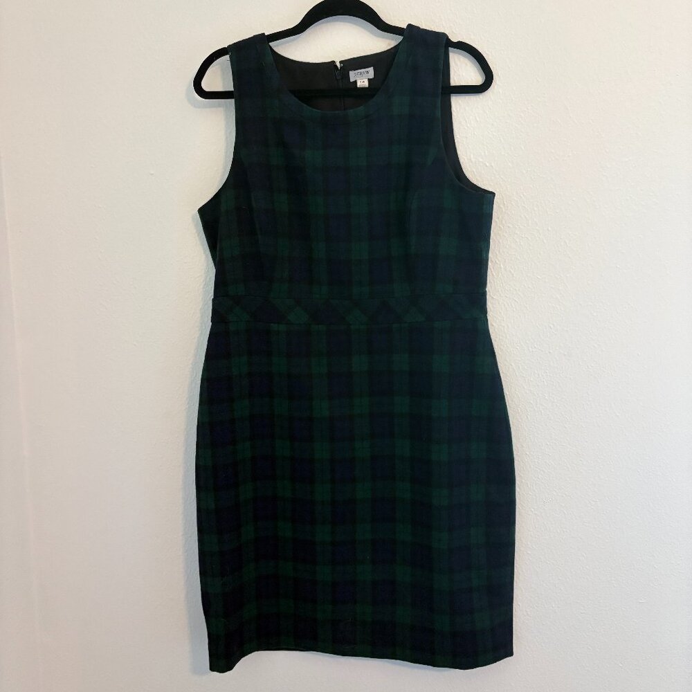 J.Crew Wool Blend Plaid Tartan Shift Dress Navy/Green | Size 14